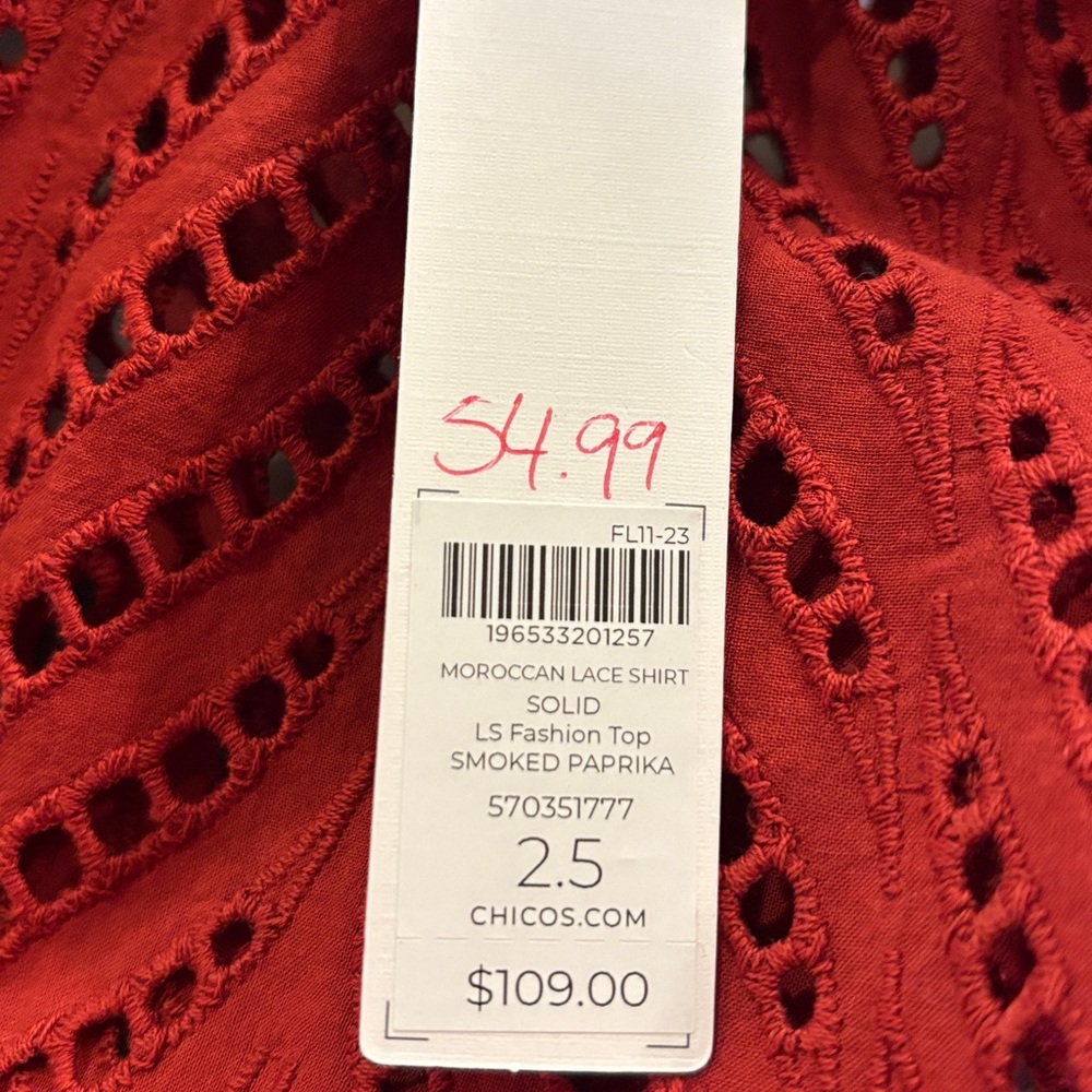 NWT Chico’s Moroccan lace shirt color smoked paprika size 14 (2.5) - Picture 7 of 7